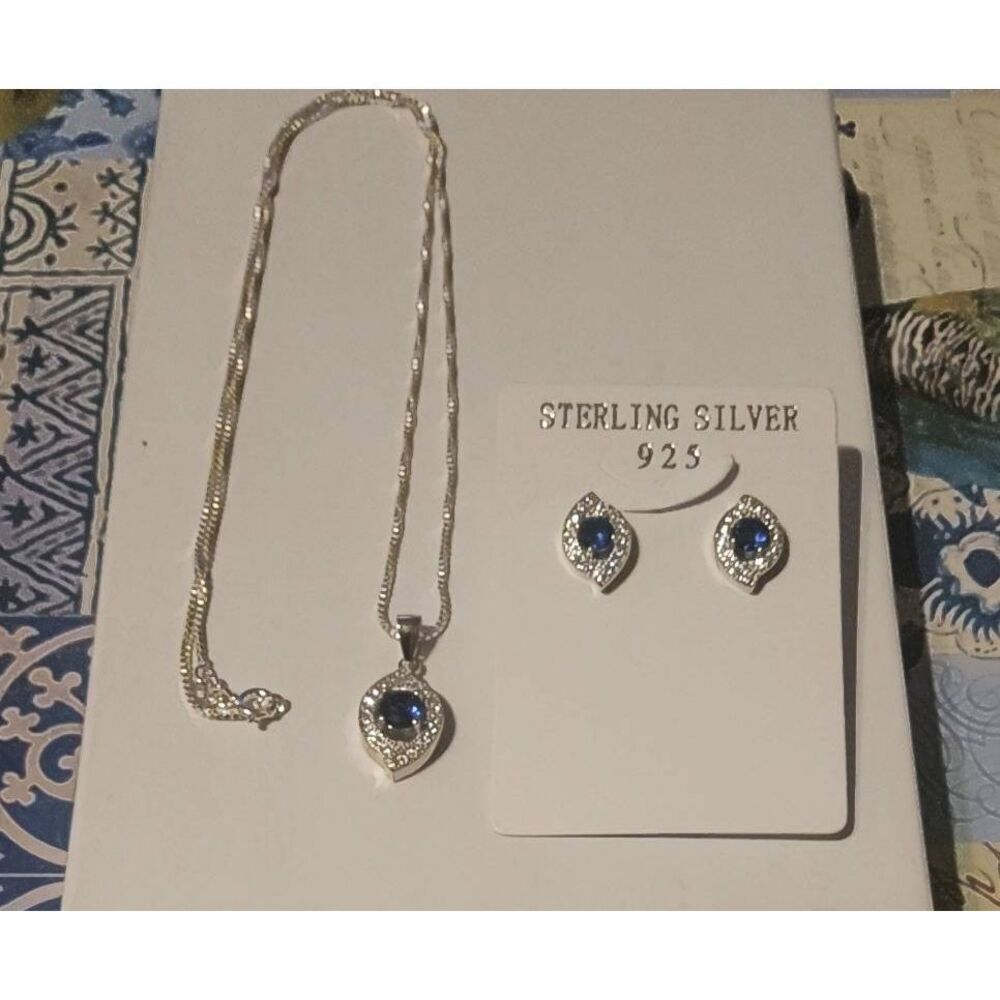 ROSS-SIMONS Genuine Blue & White Sapphire Marquise/Round Halo Necklace/Earrings